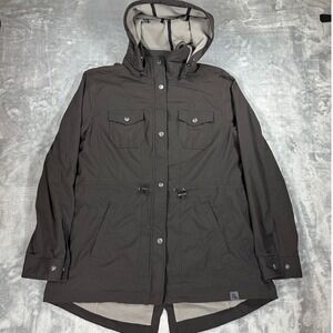 LL Bean Womens L Black Hooded Utility Jacket Field Coat 500023 Nylon Spandex